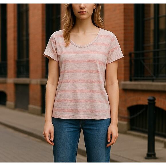 LOU & GREY 100% Linen Striped Slub Tee Orange White Short Sleeve Womens XL - Picture 1 of 5